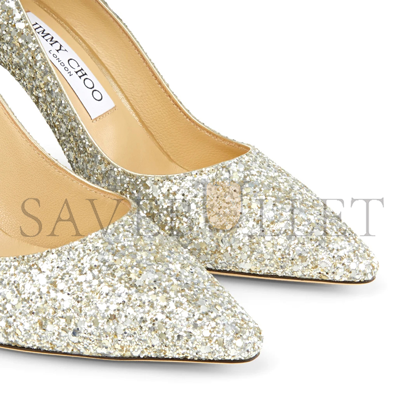JIMMY CHOO ROMY 85 CHAMPAGNE COARSE GLITTER FABRIC POINTY TOE PUMPS ROMY85CGF